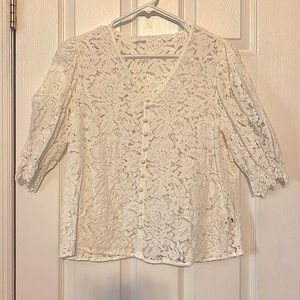 NEVER WORN — Button Front Flounce Sleeve Lace Top, Shein (SM)